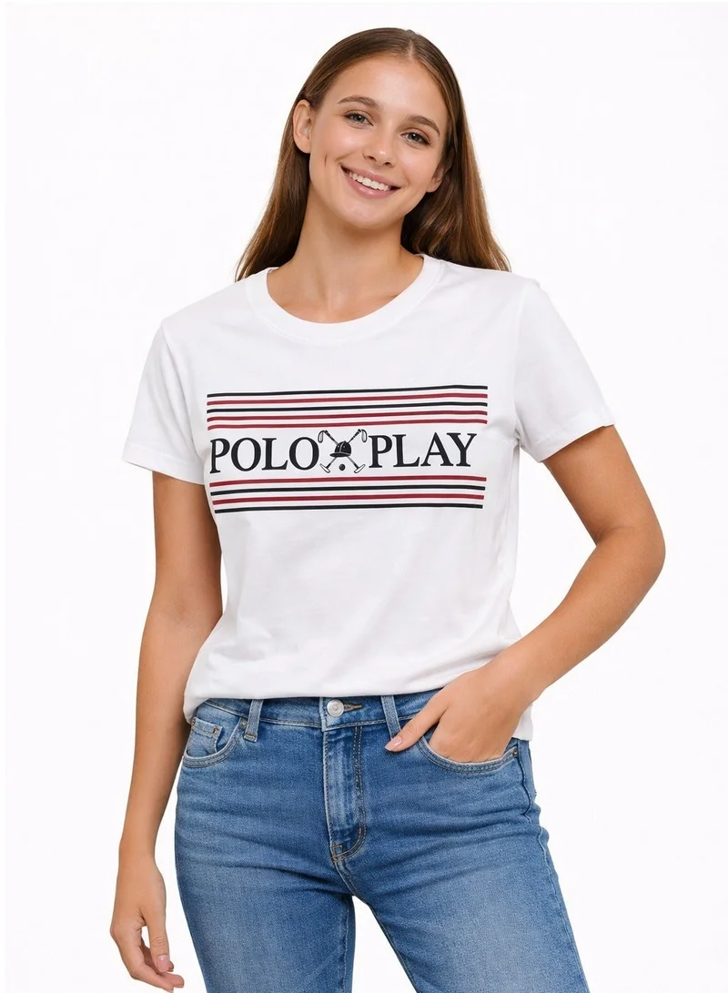 لعب البولو تيشيرت نسائي برسومات - أبيض